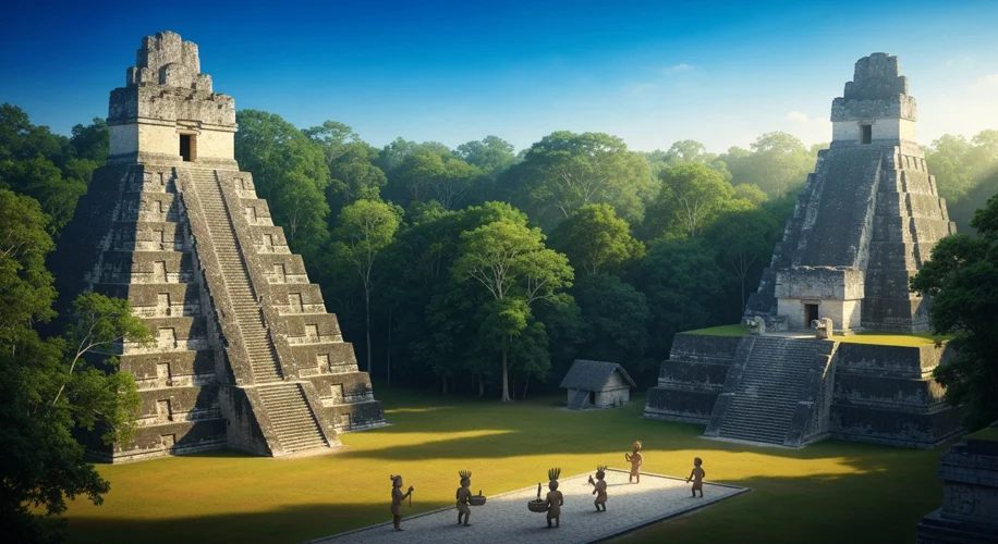 A wide-angle view of Tikal, Guatemala, with its massive pyramids rising above the dense jungle canop