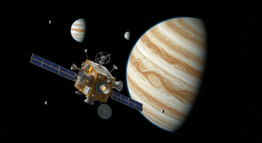 An artistic impression of the ESA's JUICE spacecraft navigating through space with Jupiter and its m