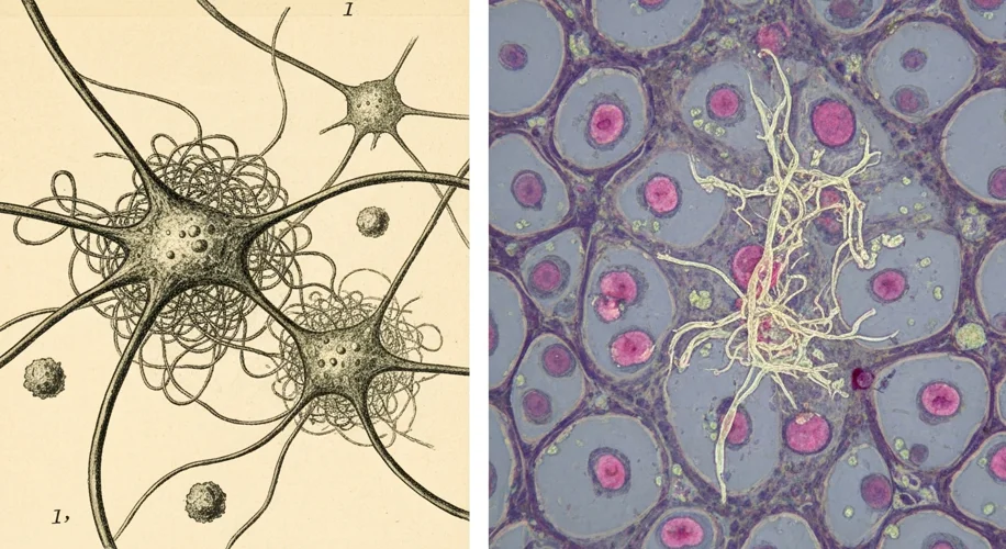 A split image: on the left, a vintage illustration of neurons with tangled fibers and plaques; on th