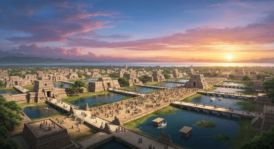 A panoramic view of Tenochtitlan from a distance, showcasing its intricate canal system, causeways, 