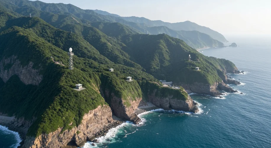 An aerial view of Taiwan's rugged coastline, with modern military installations subtly integrated in