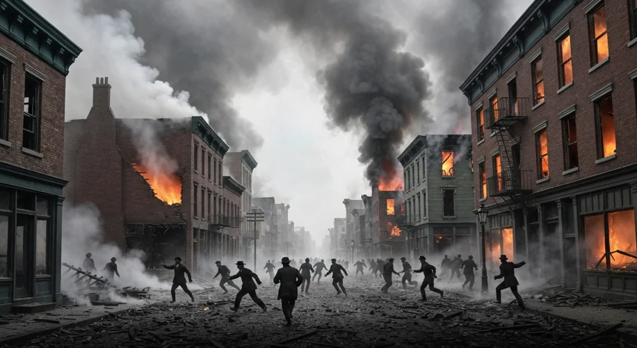 A chaotic scene of smoke rising from a burning city block, with figures running through the streets.