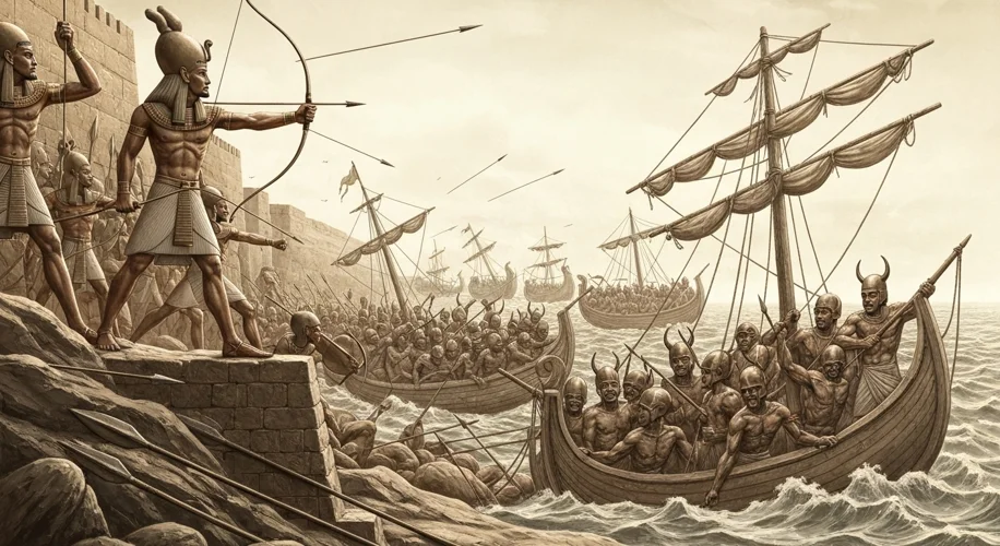 A dramatic relief depicting ancient Egyptian soldiers fiercely battling seafaring invaders. Egyptian
