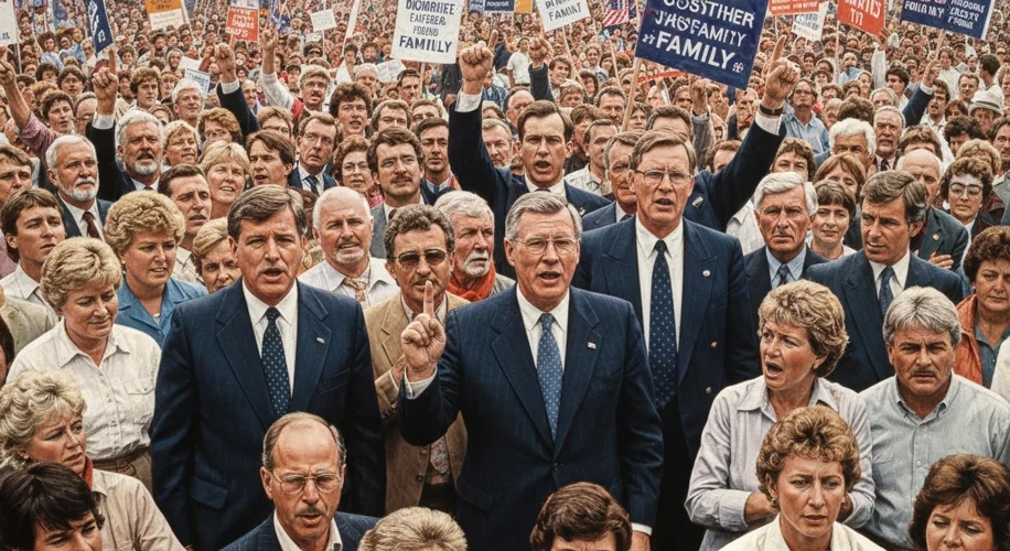 A 1980s political rally featuring evangelical leaders and politicians, with signs advocating for tra