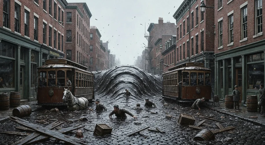 A dramatic scene in Boston's North End on January 15, 1919, depicting a massive, dark wave of molass