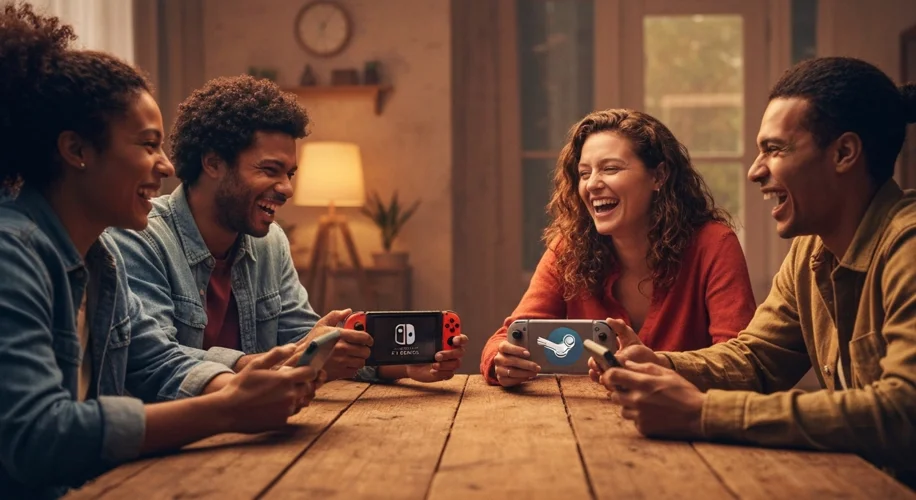 A group of diverse friends gathered around a table, each holding a different handheld gaming device 