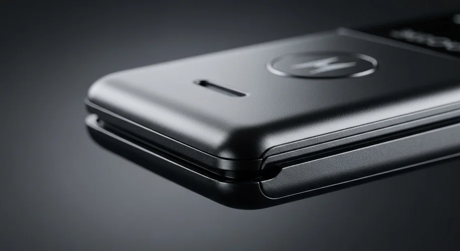 A close-up shot of a vintage Motorola RAZR V3 flip phone, illuminated by soft studio lighting, empha