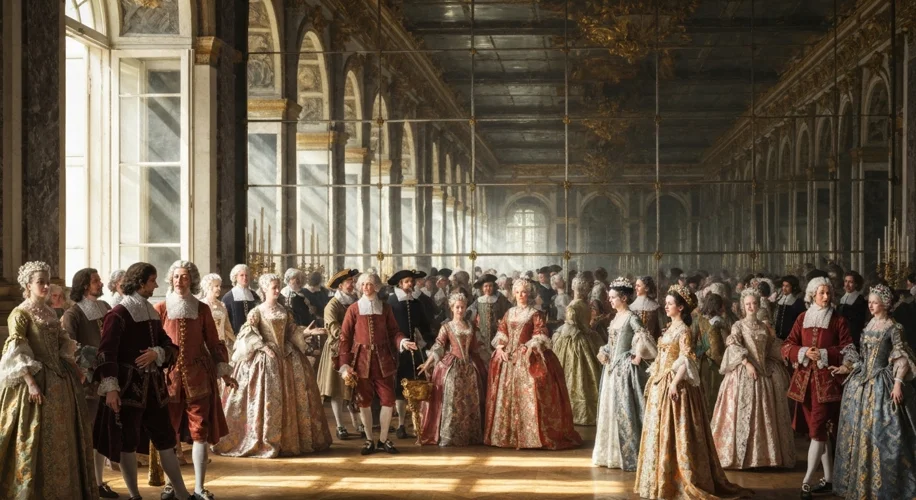 A scene inside the Hall of Mirrors at Versailles, filled with courtiers in elaborate 17th-century fa