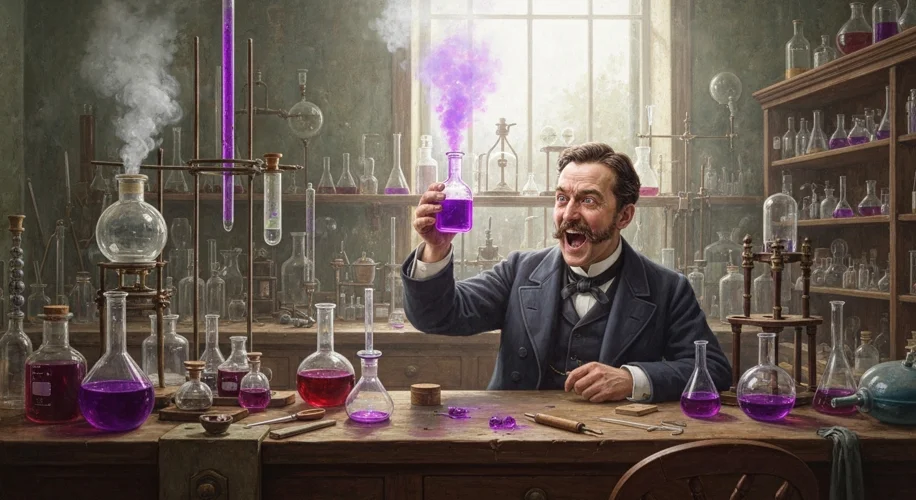 A Victorian-era laboratory setting, with William Henry Perkin looking excitedly at a vial of bright 