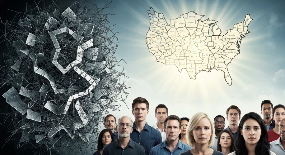 A split image: one side shows a stark, abstract representation of a jagged, unfair congressional dis