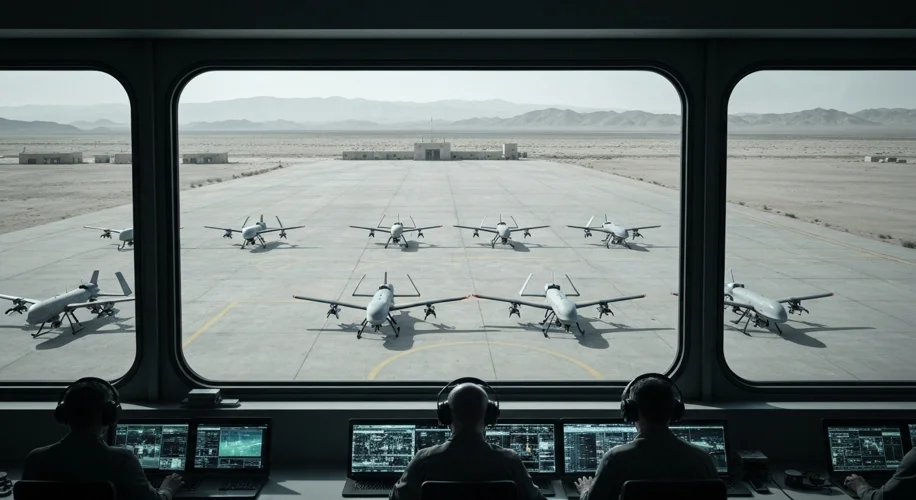An aerial view of a desert military base, with several Predator-like drones lined up on a tarmac. In