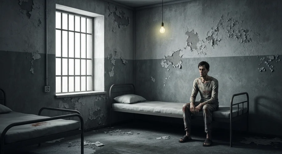 A dimly lit, stark prison cell in Belarus, with a single barred window casting long shadows. A lone 