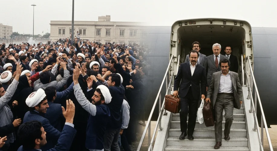 A split image: one side shows Iranian students celebrating outside the U.S. Embassy, the other shows