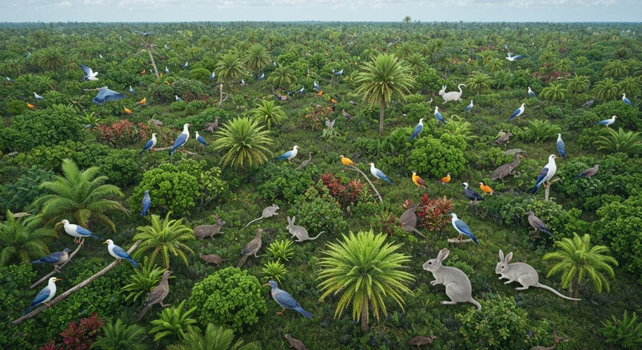 An aerial view of a lush, green island ecosystem with a few non-native, invasive animals like rabbit