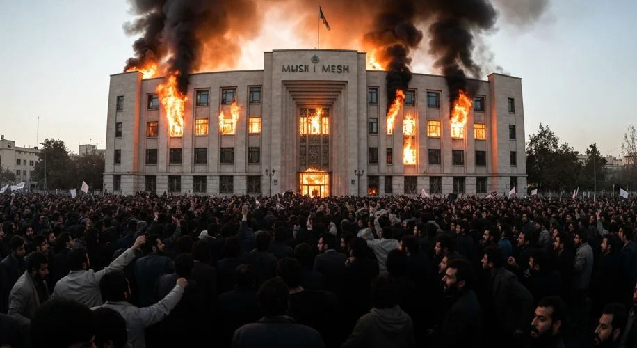 A dramatic image depicting the US embassy in Tehran, Iran, 1979, with flames erupting from windows a