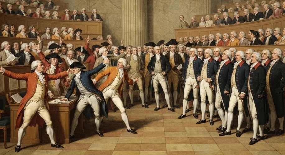 A dramatic depiction of the French National Assembly in 1789, with revolutionaries gathered on the l