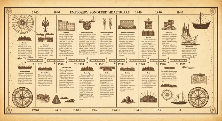 A historical timeline graphic showing key dates and events in the history of employer-sponsored heal