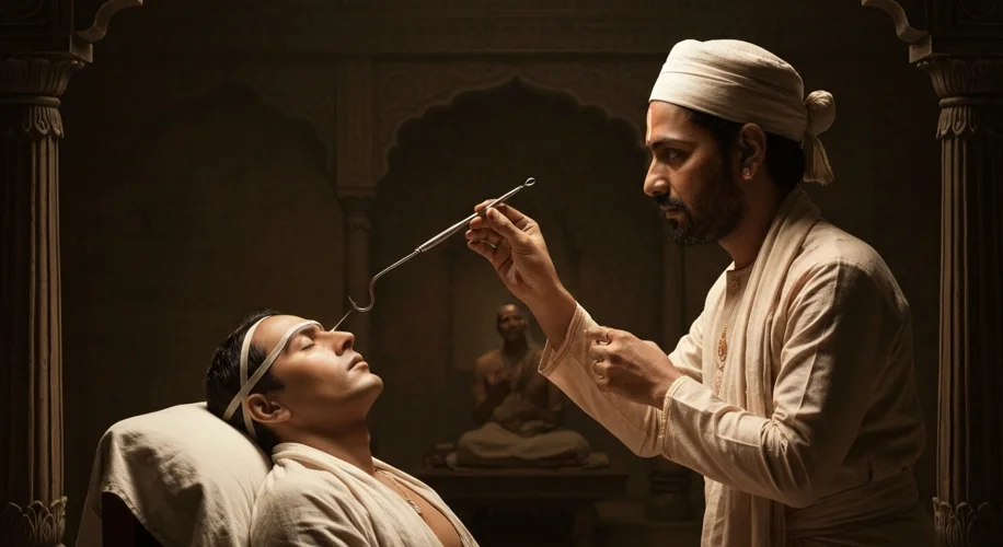 An ancient Indian surgical scene with a physician carefully holding a delicate fish hook, poised nea