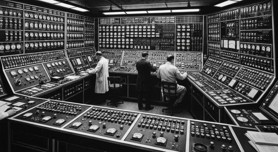 A black and white photograph showing the ENIAC computer, a massive array of interconnected consoles 