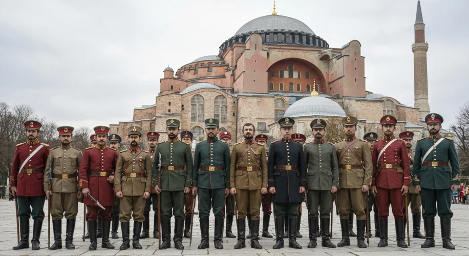 A tableau of Ottoman soldiers in various 19th-century uniforms, representing the different phases of