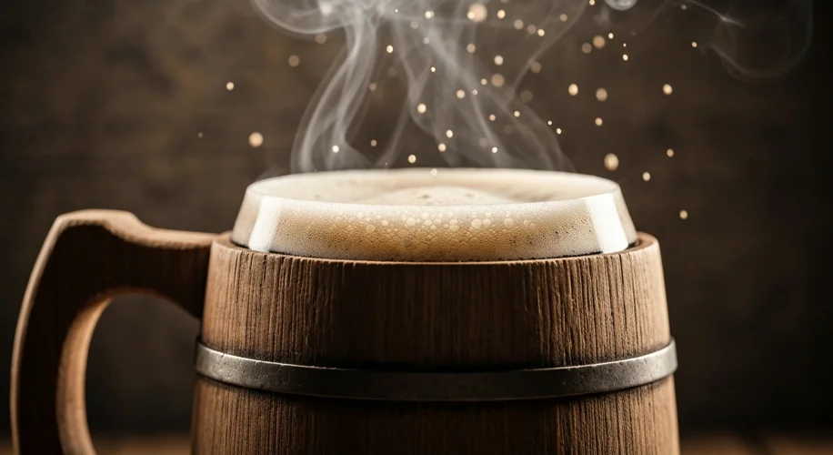 A close-up shot of a dark, cloudy ale in a rustic wooden mug, with wisps of smoke rising from the ba