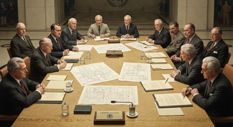 A diverse group of world leaders, including figures resembling Roosevelt, Churchill, and Stalin, in