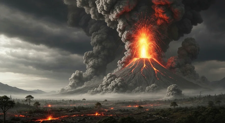 An artist's rendition of the Toba supervolcano erupting, spewing massive amounts of ash and smoke in