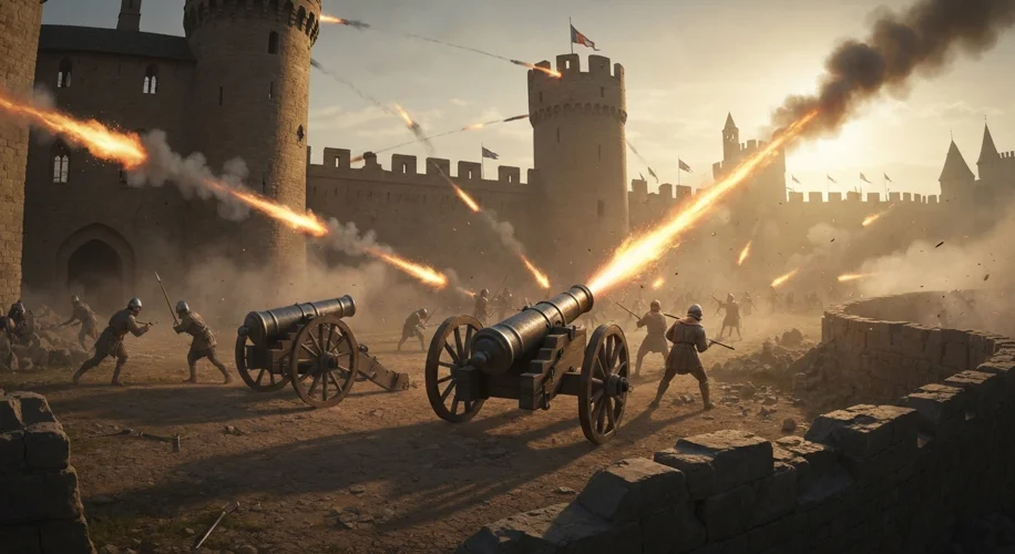 A dramatic scene of French cannons bombarding a medieval castle during the Hundred Years' War.
