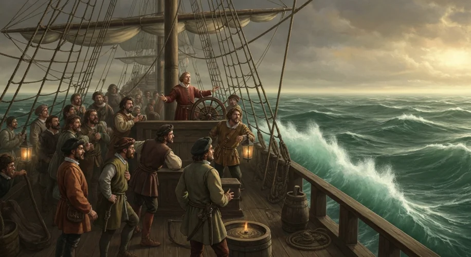 A dramatic depiction of Christopher Columbus on the deck of the Santa Maria, gazing westward at a va