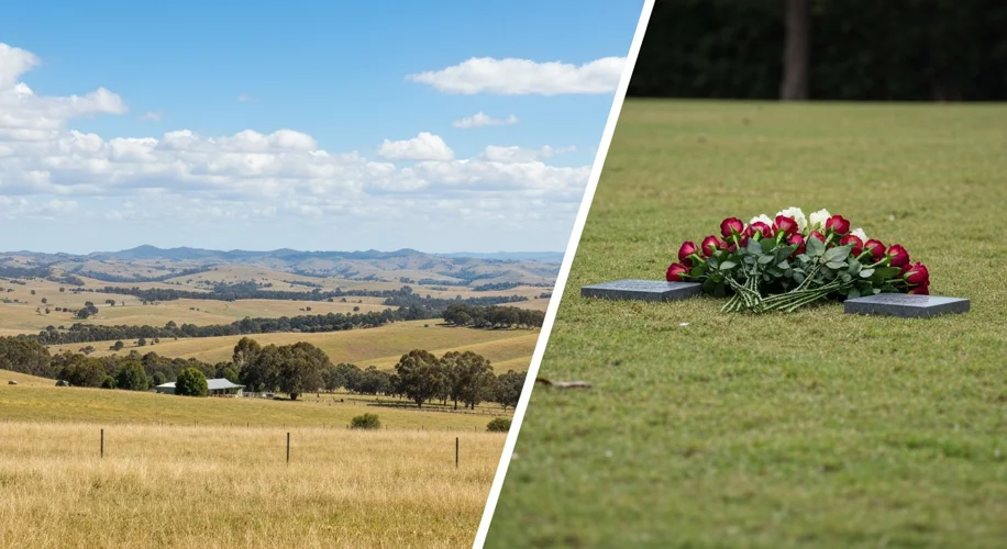 A split image: one side shows a serene Australian landscape with rolling hills and perhaps a distant