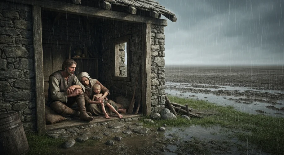 A medieval peasant family huddled together in a dimly lit, sparse cottage, their faces gaunt with hu