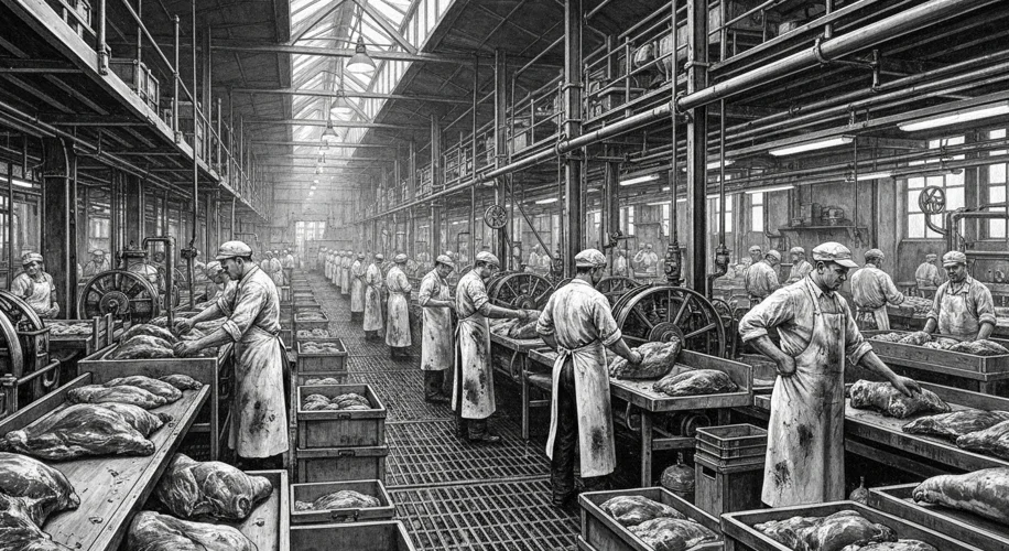 A gritty, black and white illustration depicting the interior of a 1900s Chicago meatpacking plant, 