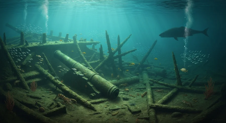 An underwater view of the excavated wreckage of HMS Pandora, with marine life swimming around cannon