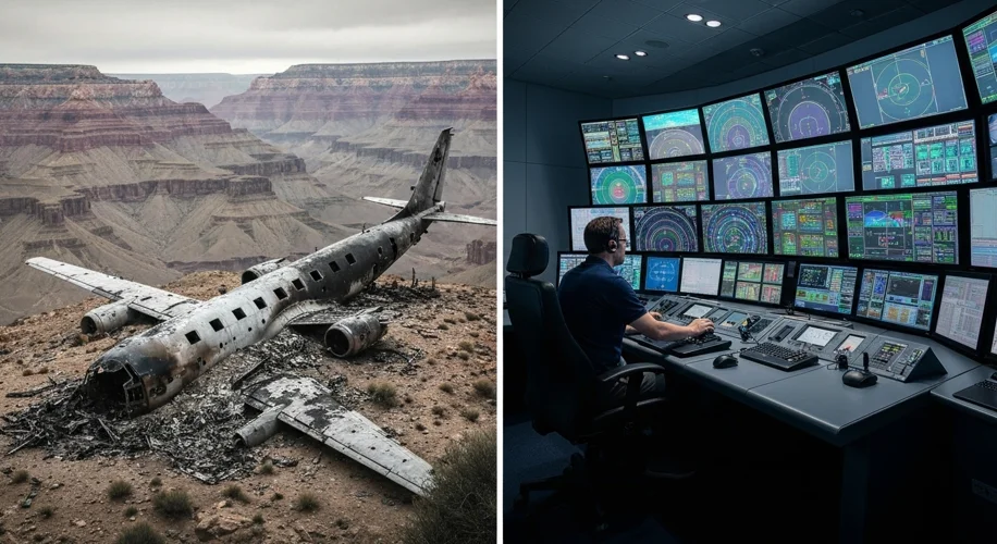 A split image: one side shows the wreckage of two airplanes over the Grand Canyon, the other shows a