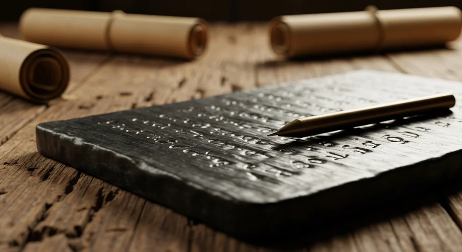 A close-up of an ancient Roman wax tablet, showing a stylus resting on its dark, slightly rippled su