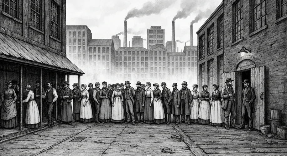 A black and white illustration depicting a long line of dejected men and women in 19th-century attir