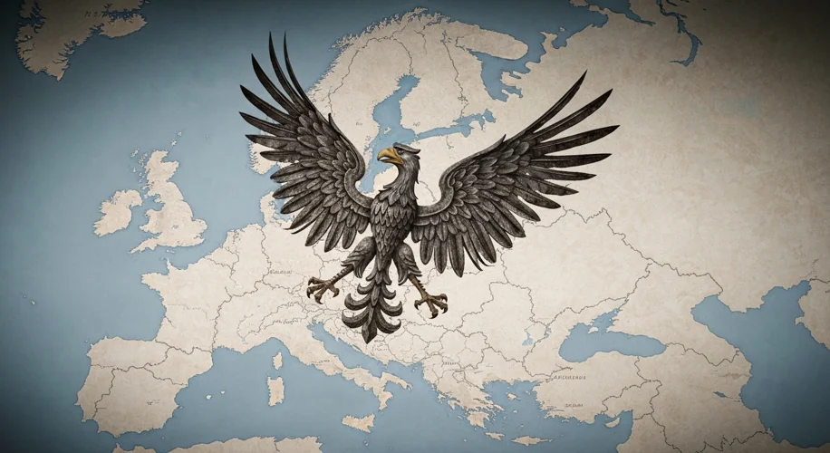 A lone Polish eagle standard, tattered but still flying proudly, against a backdrop of a map of Euro