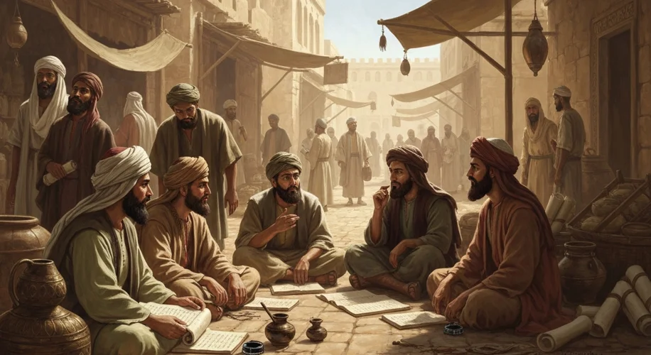 An illustration depicting early Islamic scholars in a bustling 7th-century Medina marketplace, engag