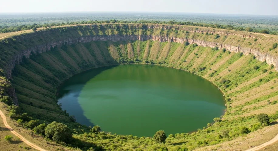 An aerial view of the Bosumtwi Crater showing the distinctive circular shape and the lake within it,