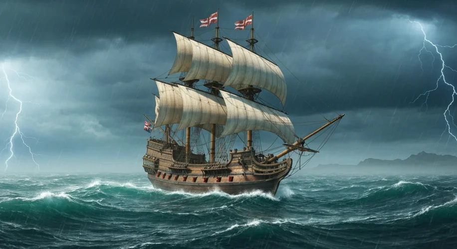 A 16th-century English galleon sailing through rough seas, with a dramatic sky and distant coastline