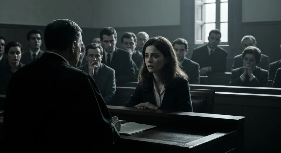A courtroom scene in 1960s Italy, with a young woman defiantly facing a judge and jury, while onlook
