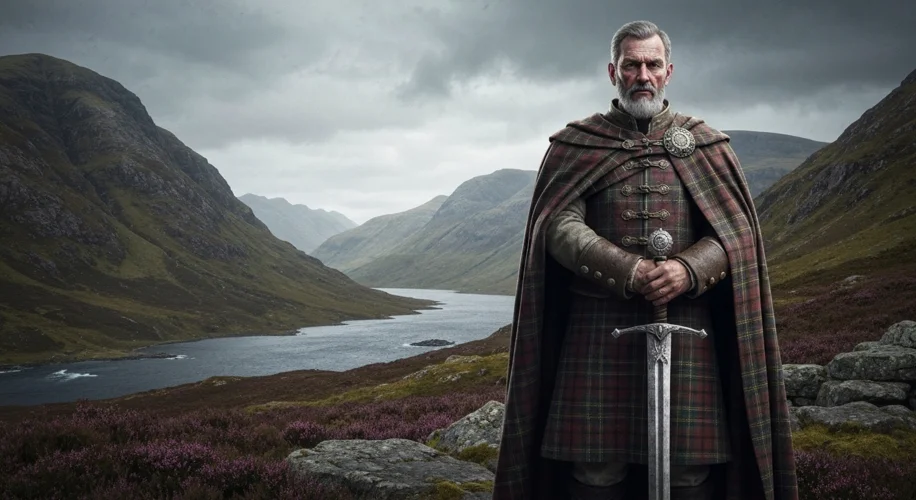 A medieval Scottish clan chief, adorned in tartan and holding a ceremonial sword, standing before a 