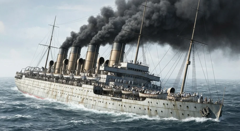 A large, white World War I era hospital ship, HMHS Britannic, listing heavily to starboard in the Ae