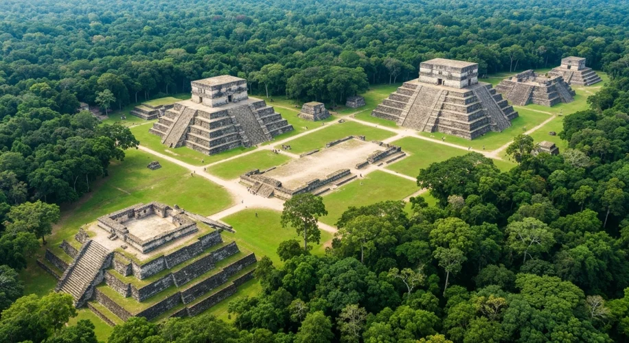 An aerial view of the excavated ruins of Sak-Bahlán, showcasing Maya pyramids and plazas nestled wit