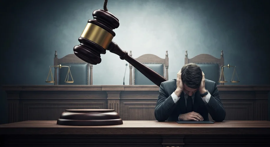 A somber courtroom scene, with a gavel poised above a judge's bench, and a dejected man in a suit si