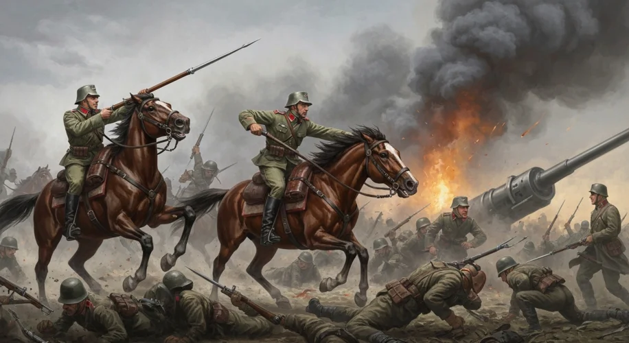 A close-up of Polish cavalry, specifically Uhlans with lances, charging towards Soviet infantry duri