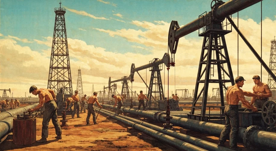 A vintage propaganda poster from the Soviet era depicting workers in an oil field, with imagery of i