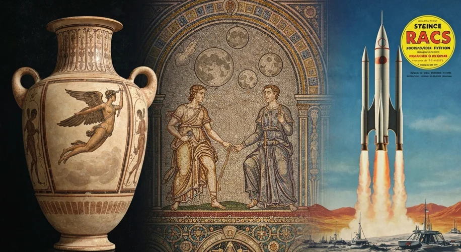 A montage showing the progression of speculative fiction: an ancient Greek vase painting of a winged