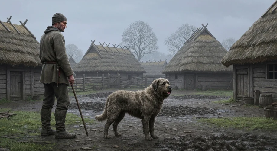 A medieval peasant farmer with a shaggy, alert dog guarding a small farmstead, with thatched-roof hu