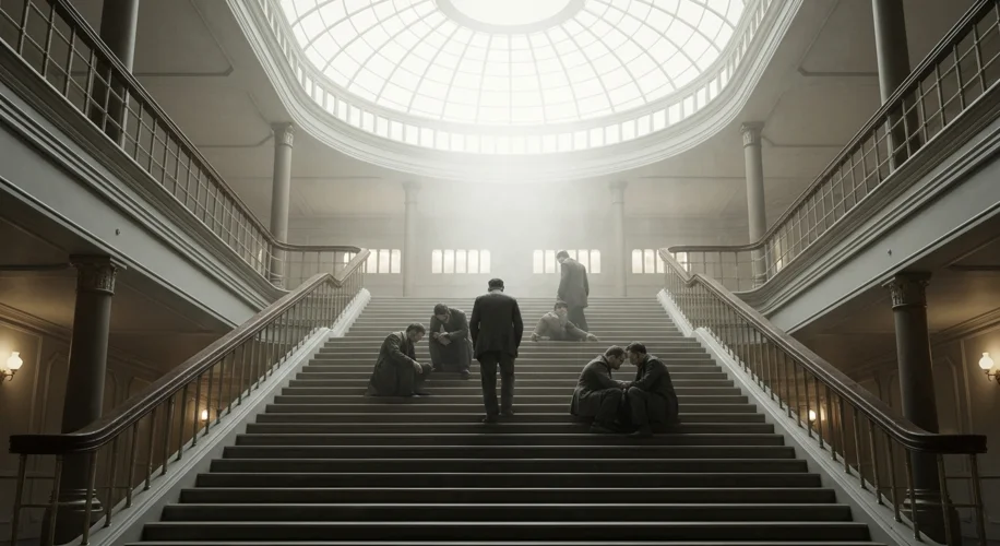 The grand staircase of the RMS Titanic, bathed in soft light from the central dome, with a few survi